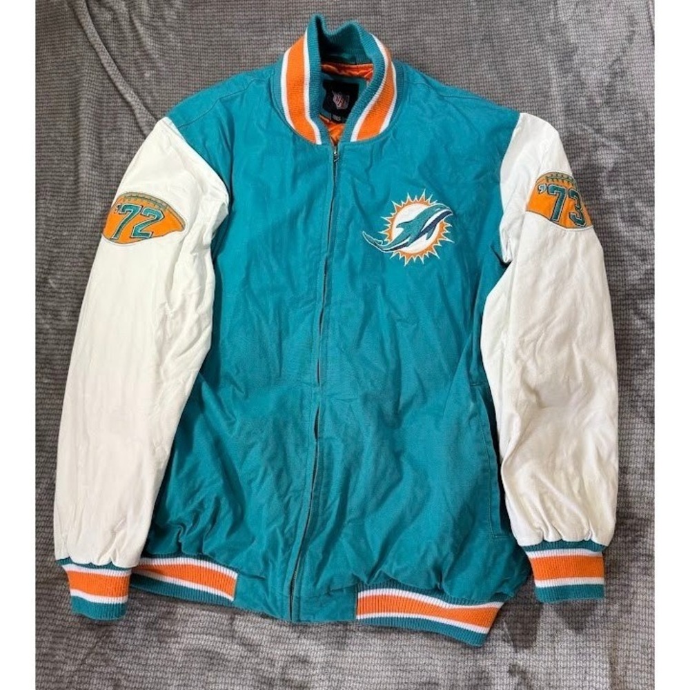 NFL Miami Dolphins Varsity Jacket Teal Zip Bomber Mens XXL Super Bowl 72' 73'.